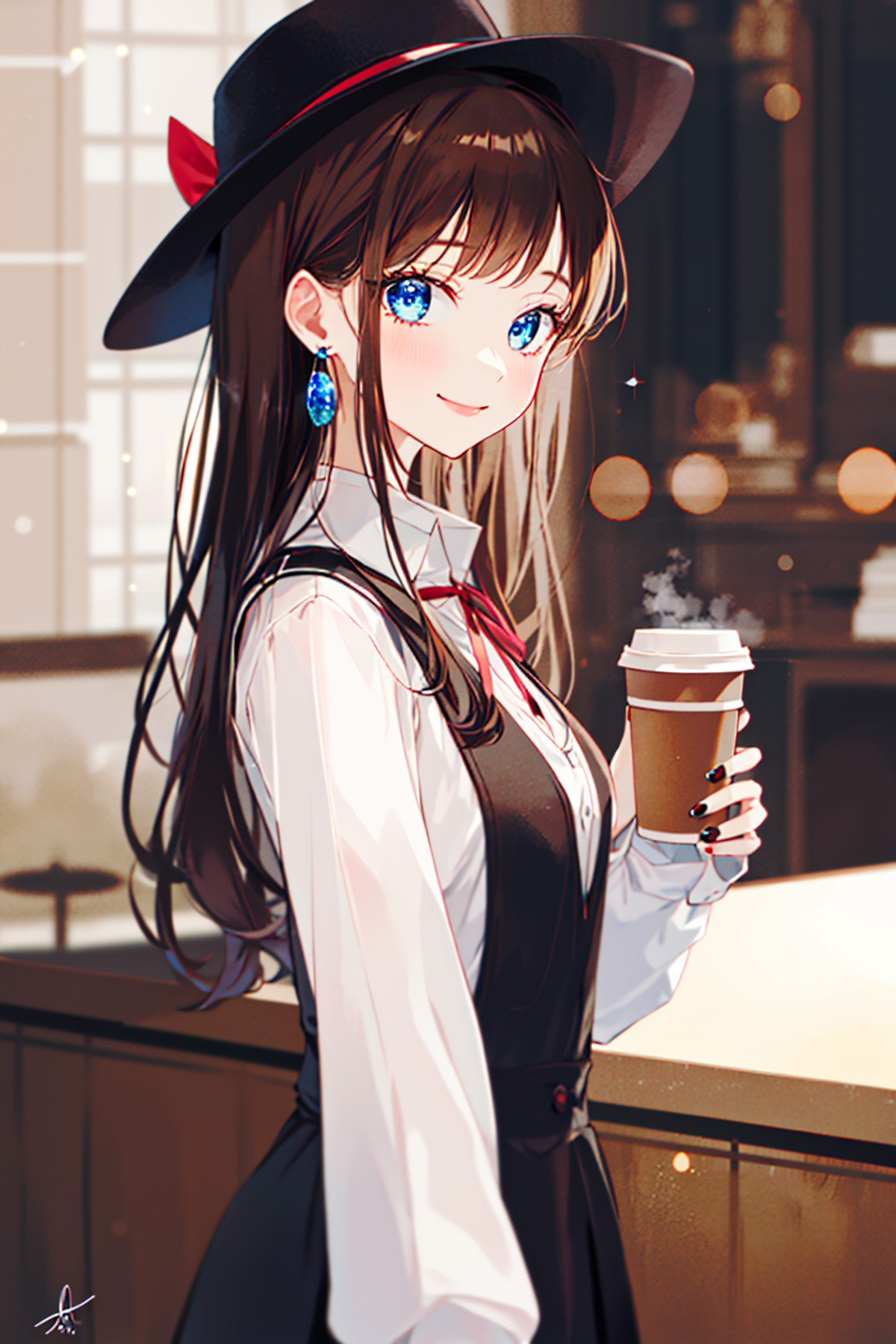 1girl, bangs, blue_eyes, blurry, blurry_background, blurry_foreground, bokeh, bow, breasts, brown_hair, closed_mouth, coff...